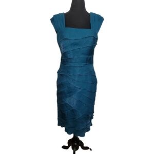 Signature by Sangria crinkle shimmery teal layered square neck dress size 10